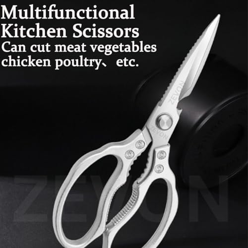 Image of ZEVON Kitchen Scissors | Heavy Duty Stainless Steel Kitchen Shears | Dishwasher Safe Food Scissors, Non Slip Sharp Cooking Scissors for Kitchen, Chicken, Poultry, Fish, Meat, Herbs-Sliver
