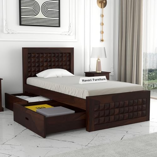 Image of Solid Sheesham Wood Single Size Bed with 2 Drawer Storage Wooden Single Cot Bed for Home Living Room Bedroom Guest Room Hotel (Walnut, Size 6 * 4)