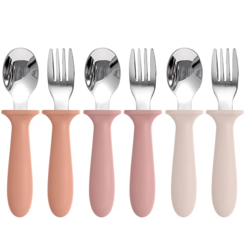 Image of Eascrozn Toddler Spoons and Forks Set, 6 Pack Kids Silverware with Silicone Handle, BPA Free, 18/8 Stainless Steel Children Safe Toddler Utensils, Dishwasher Safe