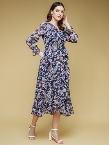 Image of Life with Pockets Women's V-Neck Full Sleeves Polyester Relaxed Fit Midi Length Dress