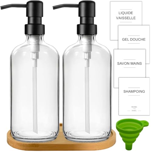 Distributeurs de Savon en Verre - Pack de 2 - Savon Mains - Liquide Vaisselle - Gel Douche - Shampoing - Plateau en Bois, Entonnoir Plastique, Etiquettes - Accessoires...