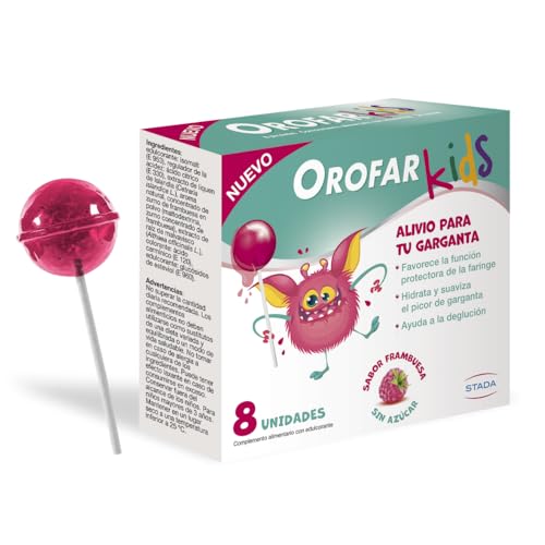 OROFAR Kids Alivia y calma el picor de garganta, laringe y cuerdas vocales, 8 piruletas sabor frambuesa, sin azúcar, para niños y adultos