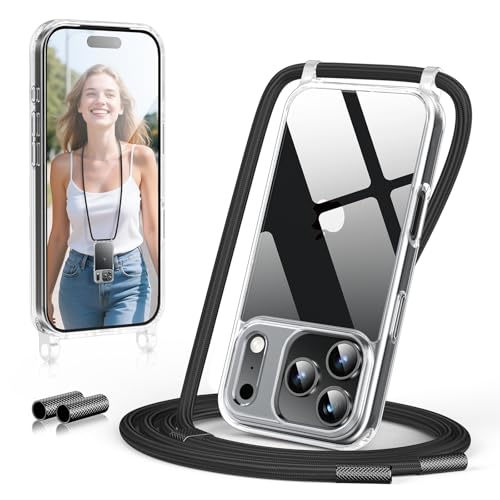 GOODVISH Handykette für iPhone 17 Pro Hülle mit Band, Kameraschutz und Bildschirmschutz, Necklace Handyhülle mit Schnur Schutzhülle für zum Umhängen Transparent Case mit Kordel 6.3", Schwarz 1