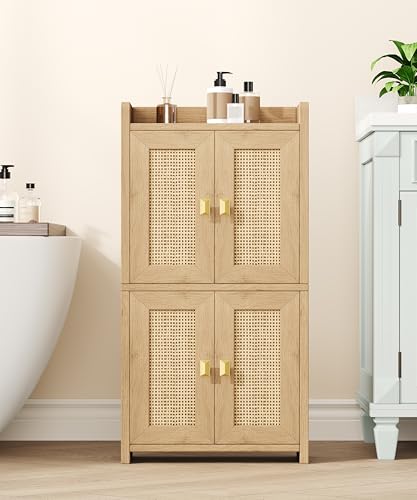 Akxomel Rattan Small Bathroom Cabinet with 4 Doors 15 W Bathroom Floor Cabinet Bathroom Organizer and Storage with Adjustable Shelves for Small Spaces Natural Oak