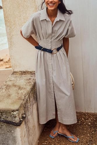 Image of Chvity Women Stripe Tunic Maxi Shirt Dress Fashion Slim Fit Button Pleated Dresses Casual Short Sleeve Long Dress