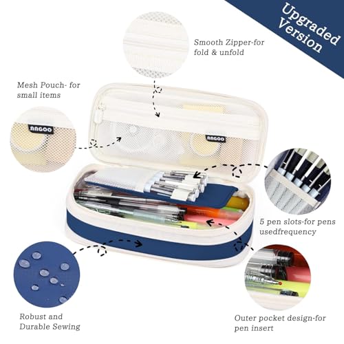 Image of PRANIJ Cute Aesthetic Large Capacity Expandable Pencil Case Pouch with Zipper Portable Office Stationery Desk Organizer for School Collage Boys Girls Adults Women Men (Navy Blue)