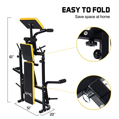Adjustable Weight Bench with Squat Rack, Doufit WB-04 Foldable Workout Bench with Leg Extension and Preacher Curl for Full-Body Exercise and Strength Training, Weight Lifting Bench Press for Home Gym