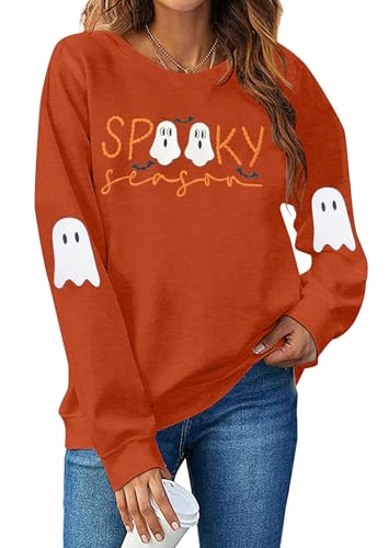 Spooky Season Sweatshirt Women Embroidered Halloween Sweatshirt Ghost Crewneck Fall Sweater Pullover Top