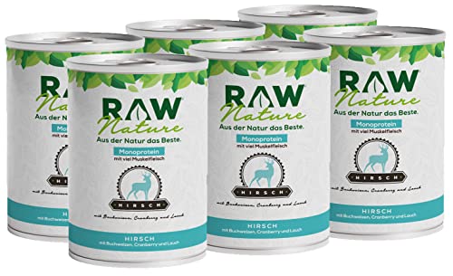 RAW Nature - Hirsch Pur 6x400g - Mit Buchweizen und Cranberries - Nassfutter für Hunde - Hoher Fleischanteil - Monoprotein - Alleinfuttermittel - Getreidefreies Hundefutter