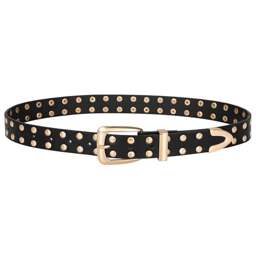 JASGOOD Women Studded Belt Ladies Punk Belt Gold Buckle Vintage Leather Belt for Jeans Dress3