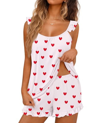 Image of Ekouaer Pajama for Women Set 2 Piece Ruffle Cami Top and Shorts Pjs | Soft Sleepwear, Lightweight Sexy Sleep Pj for Lounging, Date Nights, Honeymoon, Bridal Preparation, Holidays, or Wedding Day