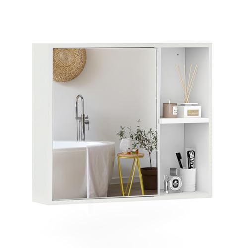 Giantex Medicine Cabinet, Bathroom Wall Cabinet with Mirror Door, 2 Adjustable Shelves, 2 Open Shelves, Vanity Mirrored Cabinet, Over The Toilet Storage Cabinet for Laundry Room Entryway, White
