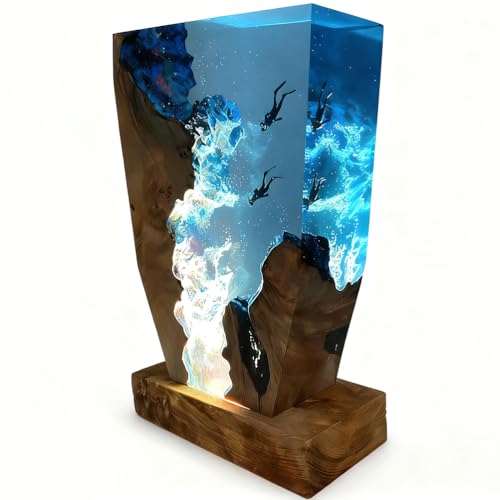 Jatwefiv 3D Lampe Océan en Résine Époxy Veilleuse Décoration Plongeur Océanique avec Câble USB Ornements en Base Bois Intérieur pour Maison Bureau...