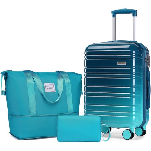 LARVENDER Luggage Sets 3 Piece, 20 Inch Carry on Luggage 22x14x9 Airline Approved Hardside PC+ABS Suitcase Set with Spinner Wheels TSA Lock, Lightweight Luggage Set for Women, Ocean Breeze