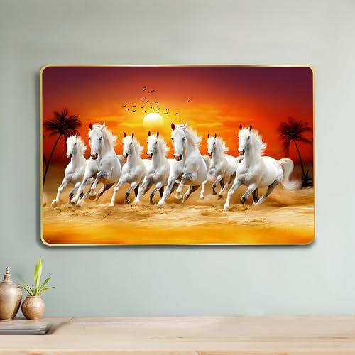 Rousrie 7 Horses Realistic Painting With Frame For Wall Vastu | Seven Running Horse Painting For Wall Decor Living Room Decoration | Big Size Photo Frame | 47 by 32 Cm