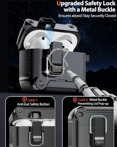 Image of Dual Safety Lock for AirPods 4 Case 2024, Compatible with MagSafe - Designed with Automatic Switch and Phone Stand, Includes a Cleaner & Keychain - Rugged Tough Hard Shell for Apple AirPods 4, Black