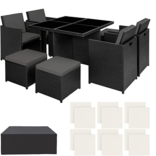 TecTake 800857 Salon de Jardin en Résine Tressée Poly Rotin Cadre en Aluminium 8 Places Table Set Housse de Protection - Diverses Couleurs (Noir)