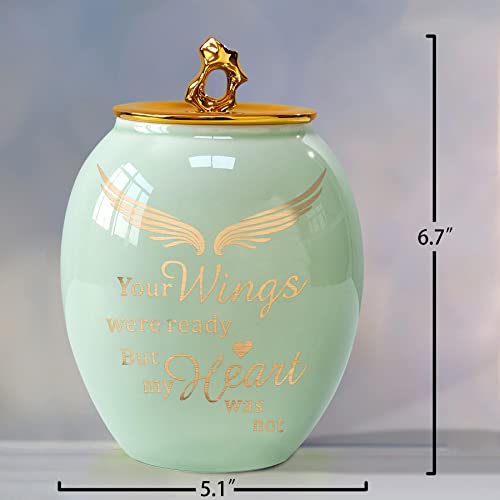 Image of Green Medium Cremation Urn for Human Ashes Adult Male Female | Angel Ceramic Urn for Ashes Men Women Dad Mom,Memorial Urn with Velvet Bag & Funnel - A Perfect Tribute & Gift for Families