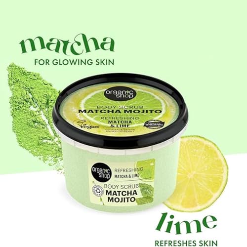 Organic Shop Matcha & Lime, Refreshing & Exfoliating Body Scrub, 100% Vegan & Organic, Daily Exfoliant, Detox & Moisturizer, Body, Face, Hand & Foot, Intensive Care & Skin Toning. 250ml