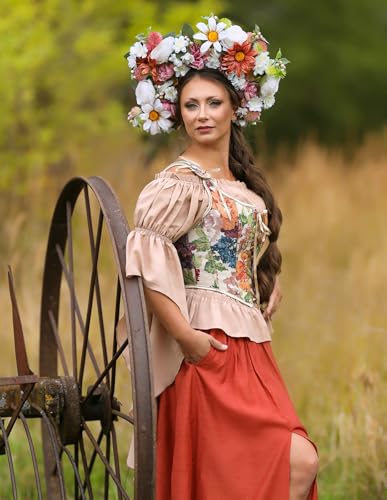 Image of Scarlet Darkness Corset Tops for Women Renaissance Lace Up Floral Bustier | Fishboned, Vintage Floral, Overbust Bodice, for Ren Faire, Medieval, Halloween Costume