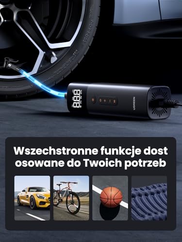 UGREEN Pompka powietrza (0,2-10,3bar) Elektryczny kompresor Przenośna pompka rowerowa Mini pompka do opon z cyfrowym wyświetlaczem LED Oświetlenie LED do wszystkich rowerów, motocykli i samochodów