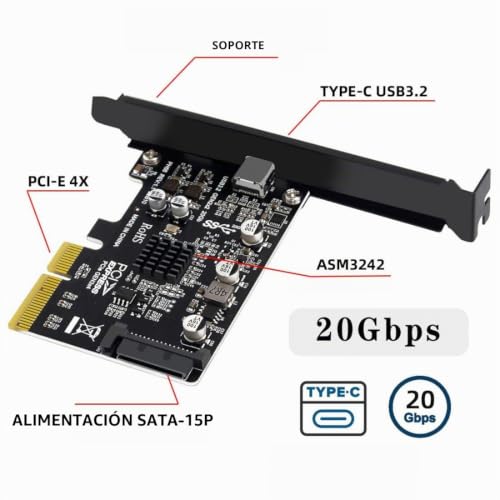 Tarjeta de expansión USB 3.2 Gen2 Tipo C adaptador CY PCIe a USB C 20Gbps PCI-E 4X 4