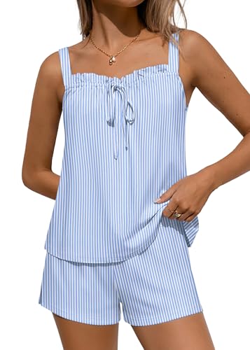Ekouaer Girls Cute Pajamas Sets 2 Piece Sleeveless Top and Shorts Lounge Set Sleepwear Coquette Ruffle Pjs Striped Large
