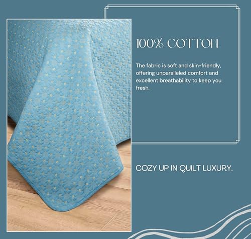 Image of SANMARINO Solid 100% Cotton Multi-Needle Quilted Ultrasonic Bedcover Set - 280 TC, Soft & Lightweight, King Size /Double (90x100 in /228X254 cm), Coverlet with 2 Pillow Cases-Sky Blue