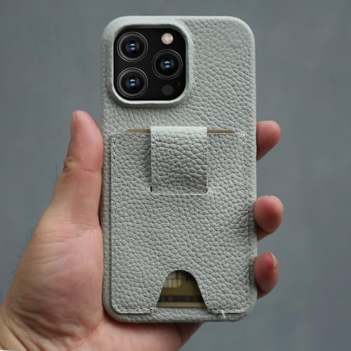 Étui en cuir pour iPhone 14 Pro Max avec fente porte-carte, coque gris blanc élégante