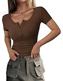 PRETTYGARDEN Womens 2026 Summer Short Sleeve Tops Ribbed Henley Button Slim Fit Basic Casual T Shirts Blouse Fashion Clothing (Coffee,Large)