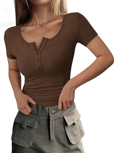 PRETTYGARDEN Womens 2026 Summer Short Sleeve Tops Ribbed Henley Button Slim Fit Basic Casual T Shirts Blouse Fashion Clothing (Coffee,Large)