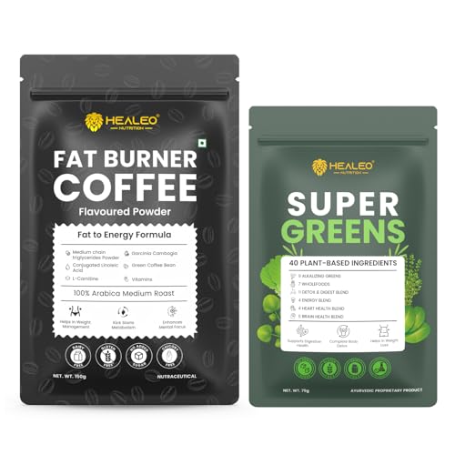 Image of HEALEO Weight Management & Daily Wellness Combo | Fat Burner Coffee with MCT, L-Carnitine & Green Coffee Bean + Super Greens Powder with 40 Plant-Based Ingredients | Metabolism, Detox & Digestive Supp