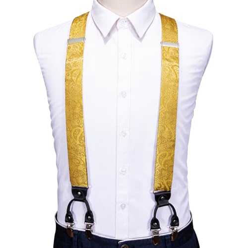 Image of Barry.Wang Men Suspender Set with Necktie Elastic Y Type Heavy Duty 6 Clips Braces Tie Handkerchief Cufflink Pin 6PCS