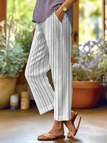 Summer Linen Pants for Women Casual Wide Leg Pants Plus Size Palazzo Pants Drawstring Elastic Waist Boho Pants2