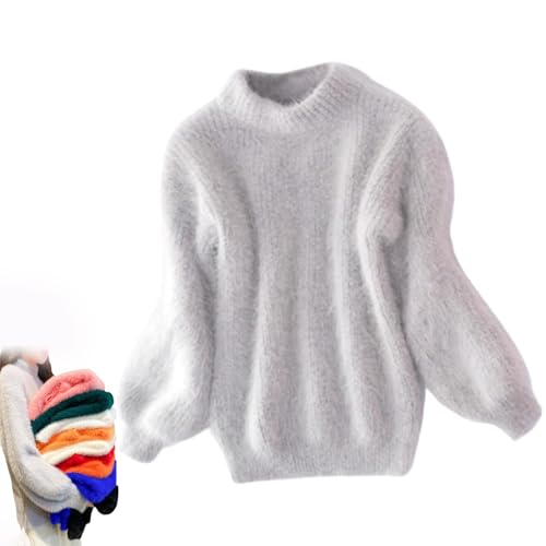 BreWel Señora Invierno Angora Mezcla de Cachemira suéter Suelto y cálido Casual Grueso Cuello Alto de Lana suéter de Color sólido Cuello Redondo Jersey de Punto suéter (Talla única,Gris)