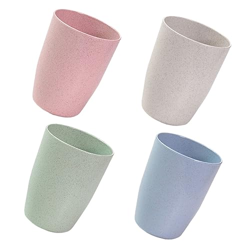 FUNOMOCYA 4pcs Wheat Straw Toothbrush Cups Reusable Mouthwash Cups Lightweight Bathroom Drinking Tumbler in Lotus Pink Light Green Sky Wheat Color for Family Use