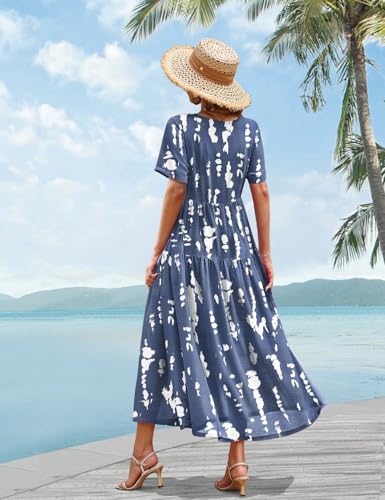 Image of YESNO Women Casual Loose Bohemian Floral Dress with Pockets Short Sleeve Long Maxi Summer Beach Swing Dress EJF