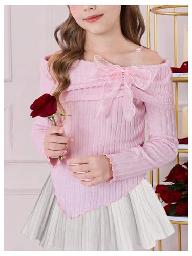 OYOANGLE Girl's Off Shoulder Bow Tie Ruched Blouse Long Sleeve Asymmetrical Rib Knit Shirts2