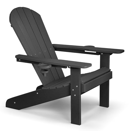 VonHaus Black Adirondack Chair - Reclining Slatted Style Garden Chair with Cup & Phone Holders - Durable Weather Resistant HDPE Plastic Outdoor Armchair for Patio & Decking - Westport