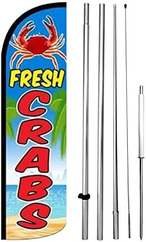 4 Less Co FRESH CRABS Windless Swooper Feather Flag 15 Feet Tall Large Pole Kit Banner Sign bq-h