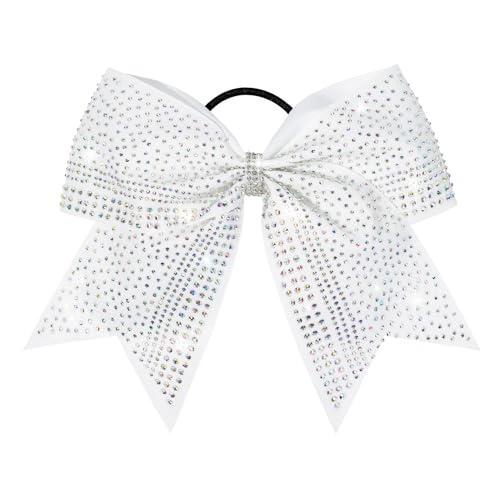 DEEKA 1 PCS 8 Large Glitter Cheer Bows with Iridescent Rhinestones Colorful Stiff Hair Elastic Band Ponytail Holder for Cheerleader Girls Sports (White)