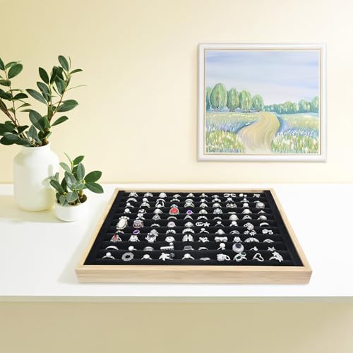 MOOCA 2 Pcs Bamboo Ring Display Tray Set with Black Suede Lining, Ring Organizer for Jewelry Storage and Display, Beige Color, 14W x 9.7D x 1.2H in by MOOCA - Image 5