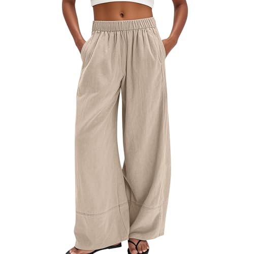 Wide Leg Linen Pants for Women Lightweight Summer Baggy Elastic High Waisted Palazzo Lounge Pants with Pockets