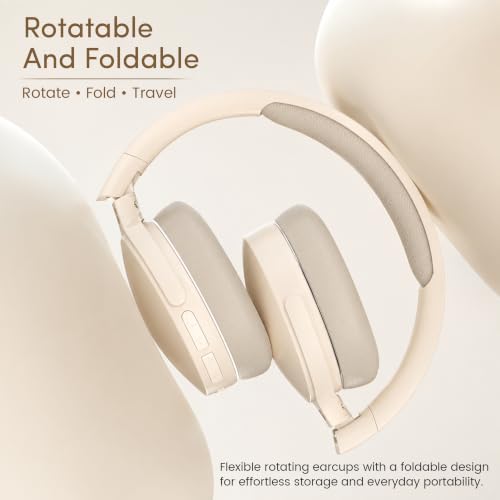 Image of PunnkFunnk BeatXtra Wireless Stereo Bluetooth Headphones V5.3, Over Ear Foldable Headset with 40mm Drivers, Soft Cushioned Ear Pads, Built-in Mic, AUX Input, 10M Wireless Range, Teen & Adults (Beige)