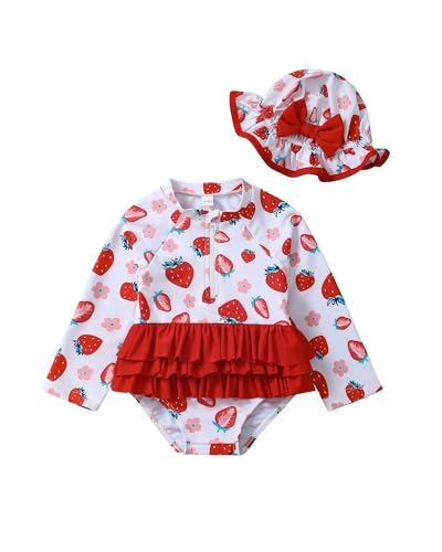 Image of Toddler Girl Swimsuit Baby Girl Bathing Suit Long Sleeve Floral Zipper One-Piece Rash Guard Swimsuit with Hat