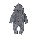 Baby Strickoverall mit Ohr Kapuze und Schaltflächen, Neugeborenes Baby-Jungen-Winter-Warmer Gestrickte Overall Strampler Mantel Schneeanzug Sweatshirt Bodysuit Jumpsuit Hooded Sweater (Grau, 18-24 M)