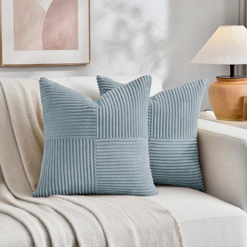 Image of Fancy Homi Set of 2 Light Blue Samll Decorative Throw Pillow Covers 12x12 Inch with for Couch Bed Sofa Living Room, Soft Cross Patchwork Striped Corduroy Coastal Blue Square Cushion Case 30 cm