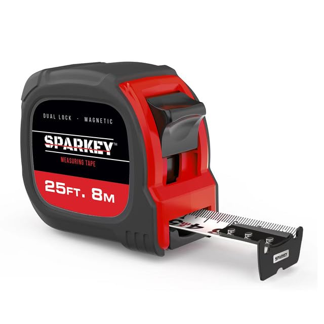 Sparkey 25ft/8M Retractable Tape Measure with Magnetic Hook, Fractions, Dual Lock, Shock-Absorbing Metric Tool for Construction, Carpentry, and