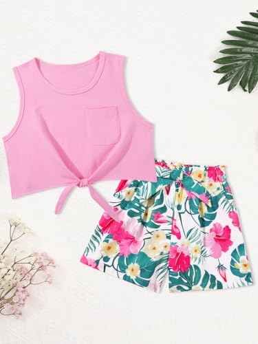 Image of Girls 2-Piece Summer Short Set, Textured Striped Crewneck T-Shirt and Casual Outfit for 5-14 Years