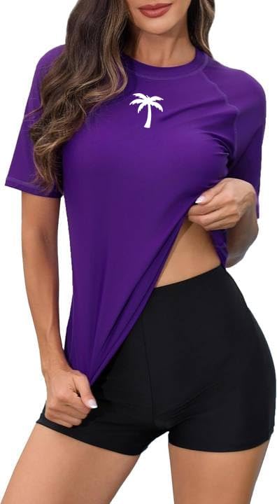 Halcurt Women's Built in Bra Rash Guard 2 Piece Swimsuit Shirt and Shorts | Built in Bra, 3" Inseam Boyleg Bottoms, UPF 50+, Sun Protection, Modest Coverage, Quick Dry